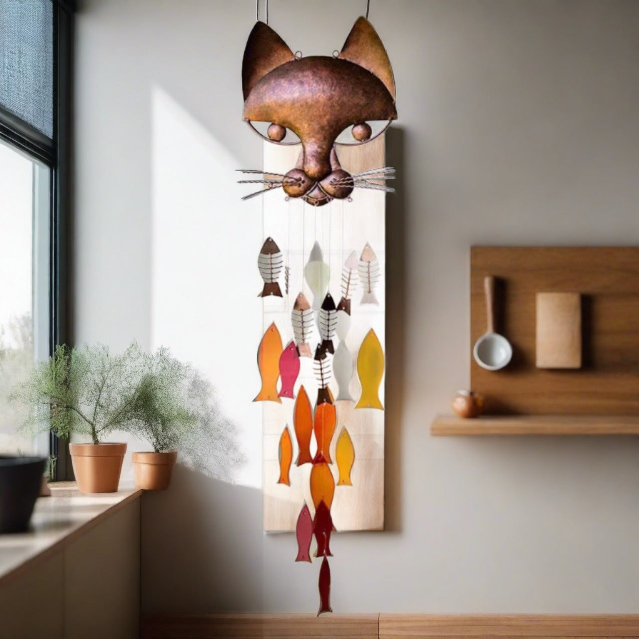 Metal Cat And Fish Wind Chime - woodybeingllc