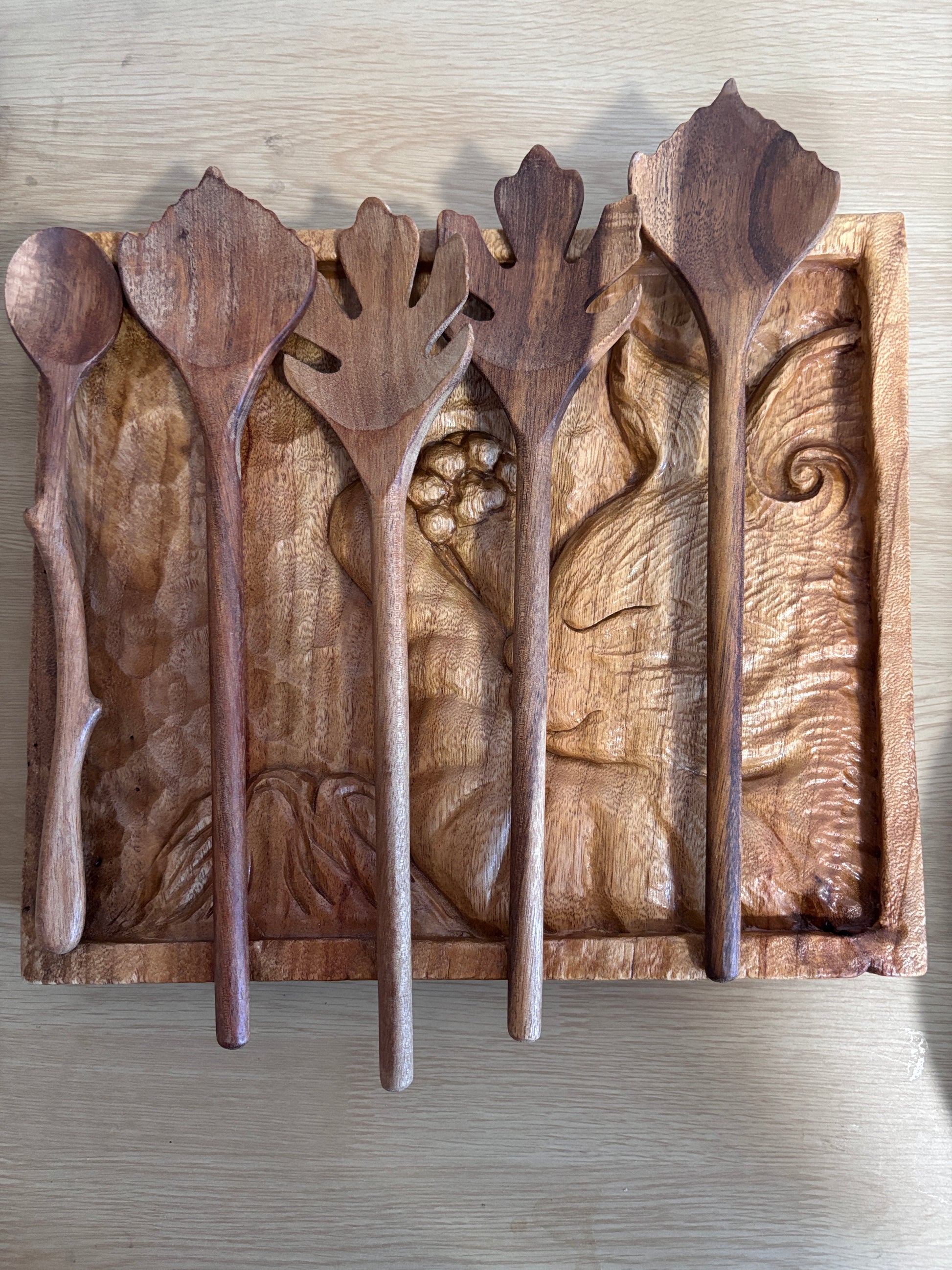 Handcrafted Acacia Wood Utensil Set - Fork, Spoon & Tray | Woodybeing Home & Garden woodybeingllc IMG_0953