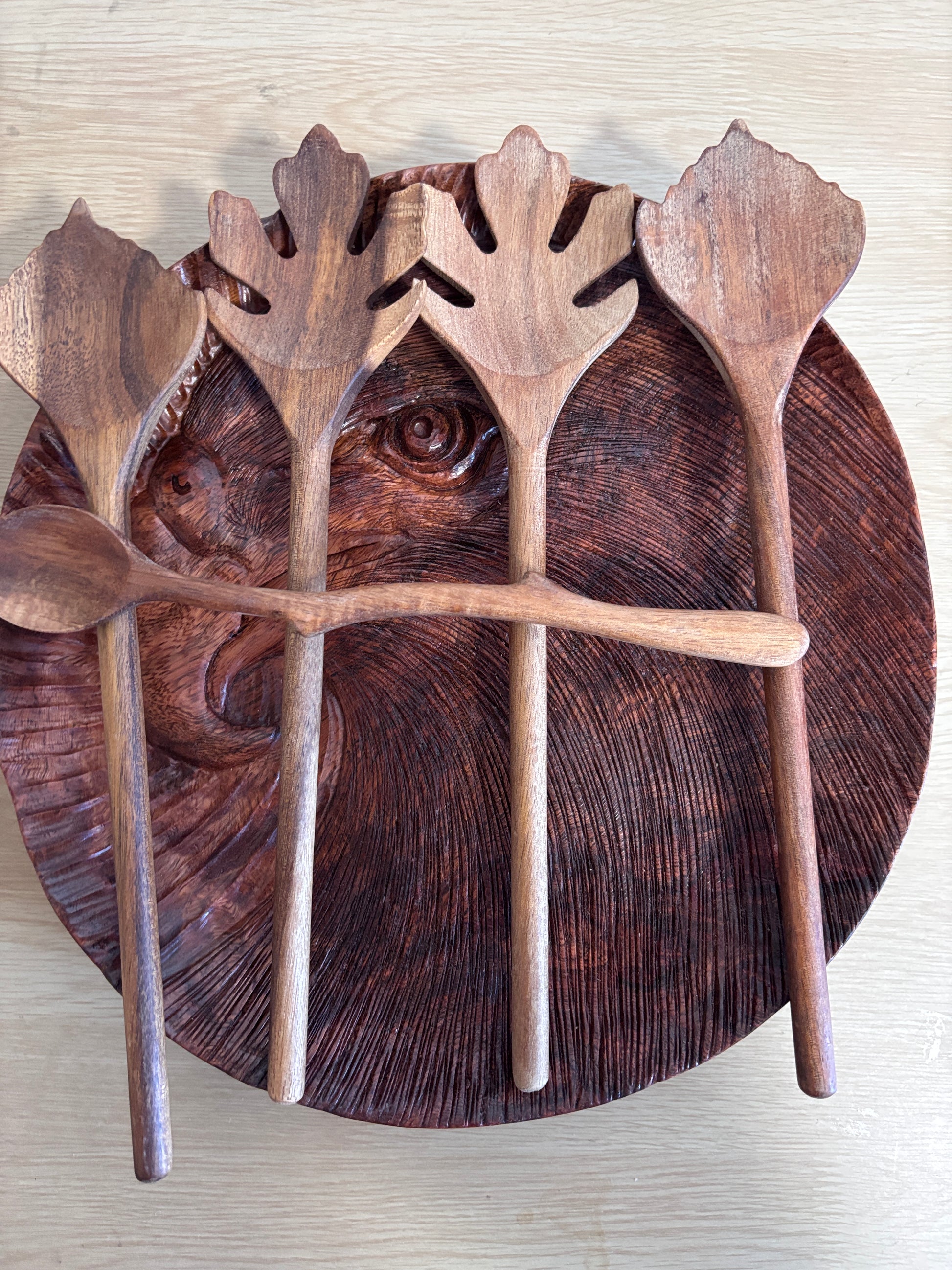 Handcrafted Acacia Wood Utensil Set - Fork, Spoon & Tray | Woodybeing Home & Garden woodybeingllc IMG_0954