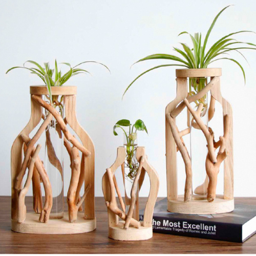 Handwork Wooden Flower Pot and Glass Container