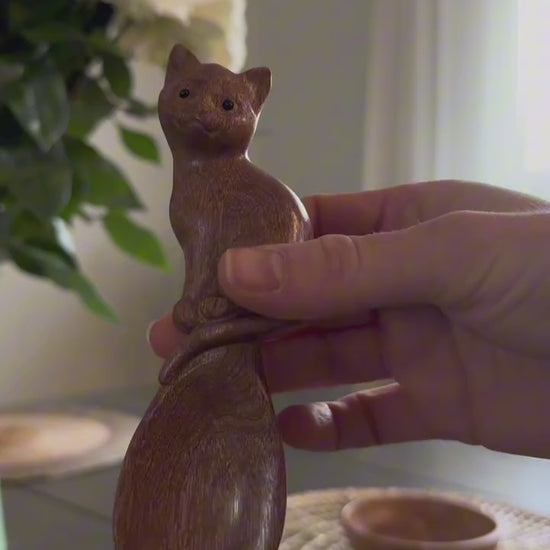 Silent close-up: a hand holds the cat-shaped wooden spoon, followed by a closer view of its carved face and bowl.