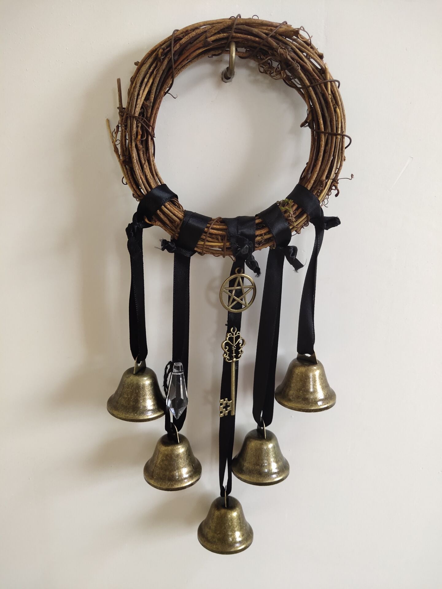 Prayer Bell Rattan Vine Circle Crystal Wind Chime - woodybeingllc