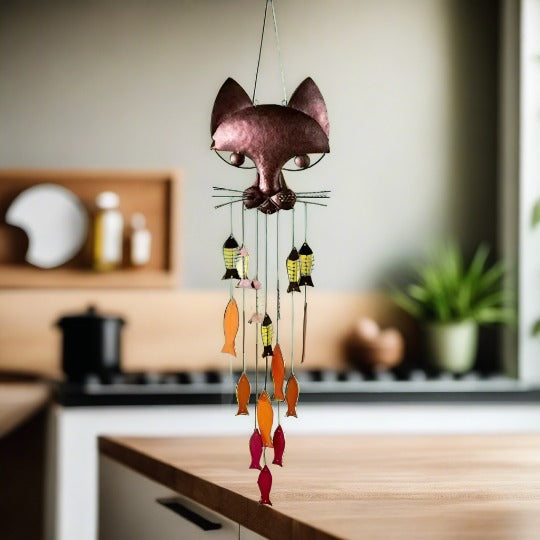 Metal Cat And Fish Wind Chime - woodybeingllc