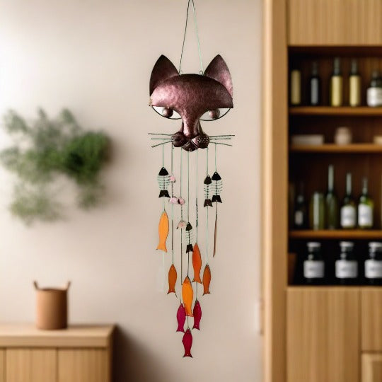 Metal Cat And Fish Wind Chime - woodybeingllc