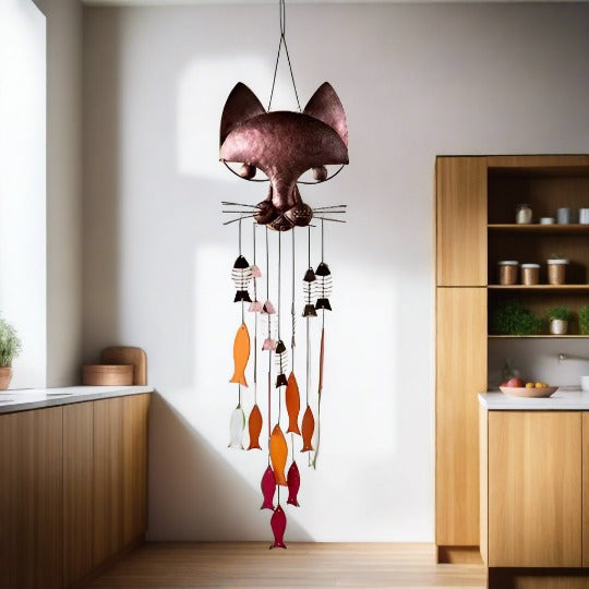 Metal Cat And Fish Wind Chime - woodybeingllc